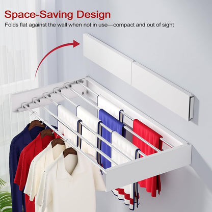 Wall Mounted Drying Rack 31.5", Foldable Laundry Drying Rack with Stainless Steel Rods, Retractable Laundry Space Saver for Indoor & Outdoor Use, Include Wall Template