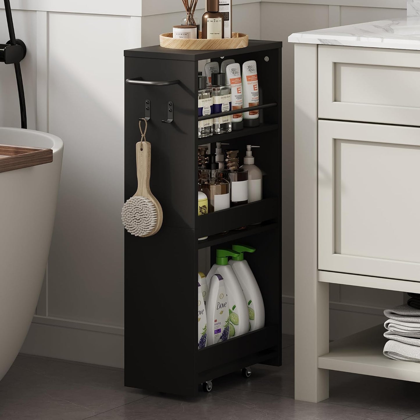 ChooChoo 4-Tier Slim Storage Cart, 7.87 inches Wide Narrow Storage Cabinet with 360° Wheels and 2 Hooks, Space-Saving Organizer for Kitchen, Narrow Places, Dining Room, Walnut+White