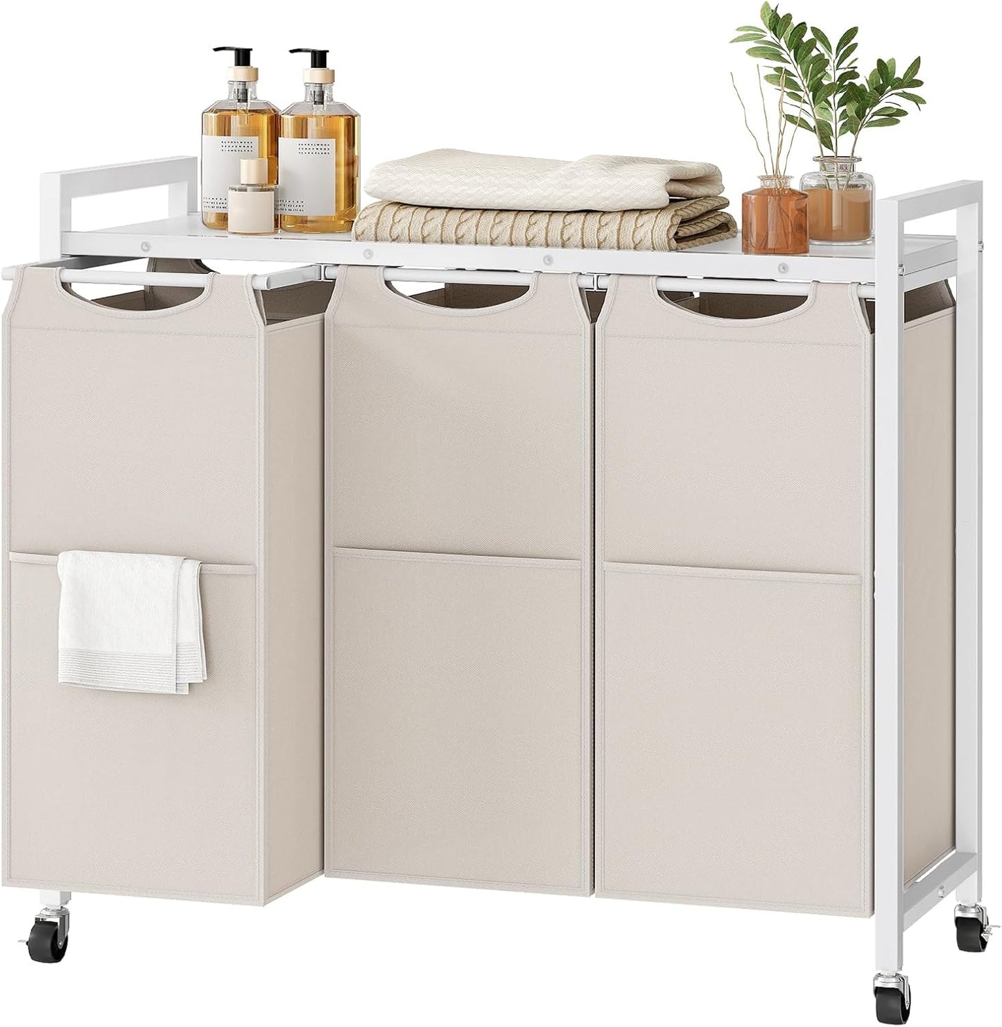 HOOBRO Laundry Sorter 3 Section, Laundry Hamper with Wheels, 3 × 11.5 Gal (43.5 L), Rolling Laundry Basket, Pull-Out and Removable Oxford Fabric Laundry Bags, Rustic Brown and Black BF76XY01