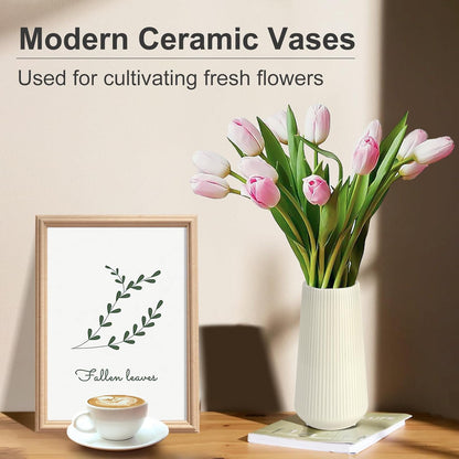 White Ceramic Vase, GUKJOB Small Cute Flower Vase for Pampas Grass, Home, Living Room, Dining Table, Farmhouse, Office Decor, Bedroom, Table, and Kitchen Shelf (White- 2PCS)