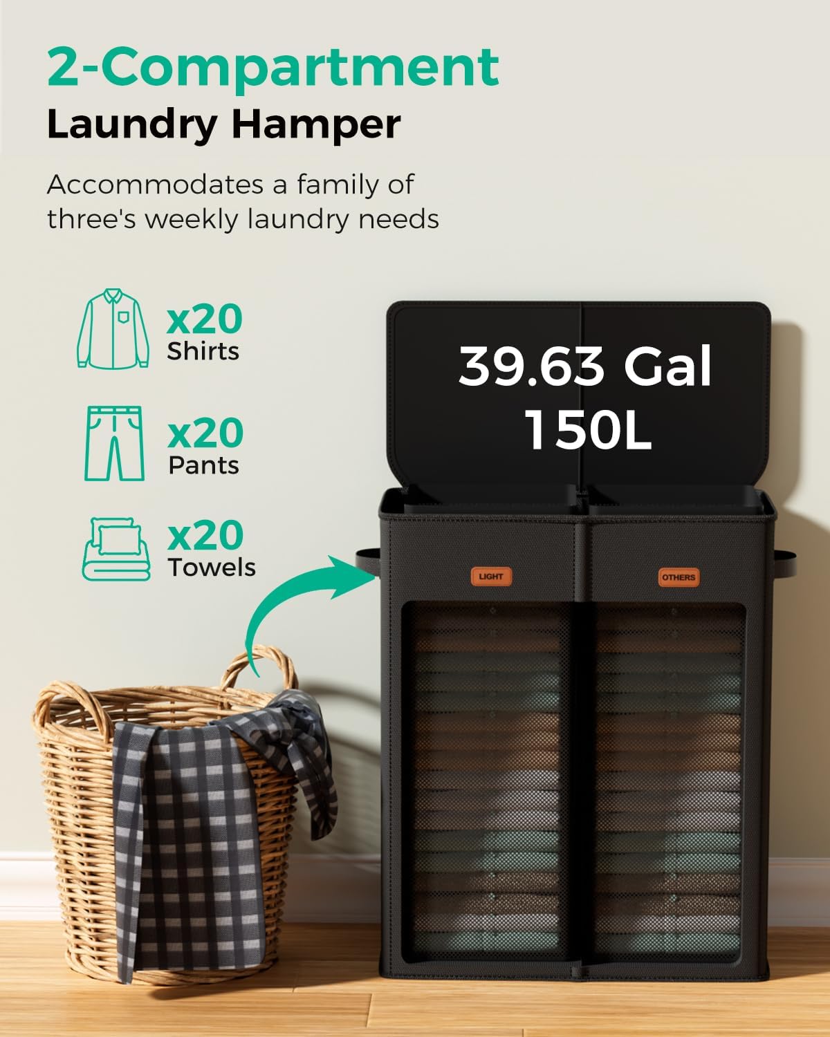 150L 2-Section Laundry Hamper with Lid – Removable Bag, Double Compartment Clothes Hamper for Bathroom, Bedroom, Dorm & Laundry Room