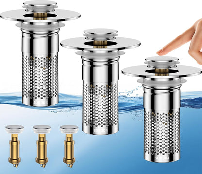 Bathroom Sink Drain Strainer,Universal Pop-Up Sink Stopper Hair Catcher, Anti-Clog Stainless Steel Drain Filter Basket, Removable Sink Drain for Bathroom Sink Stopper (Ysilver-2（with Buckle）)