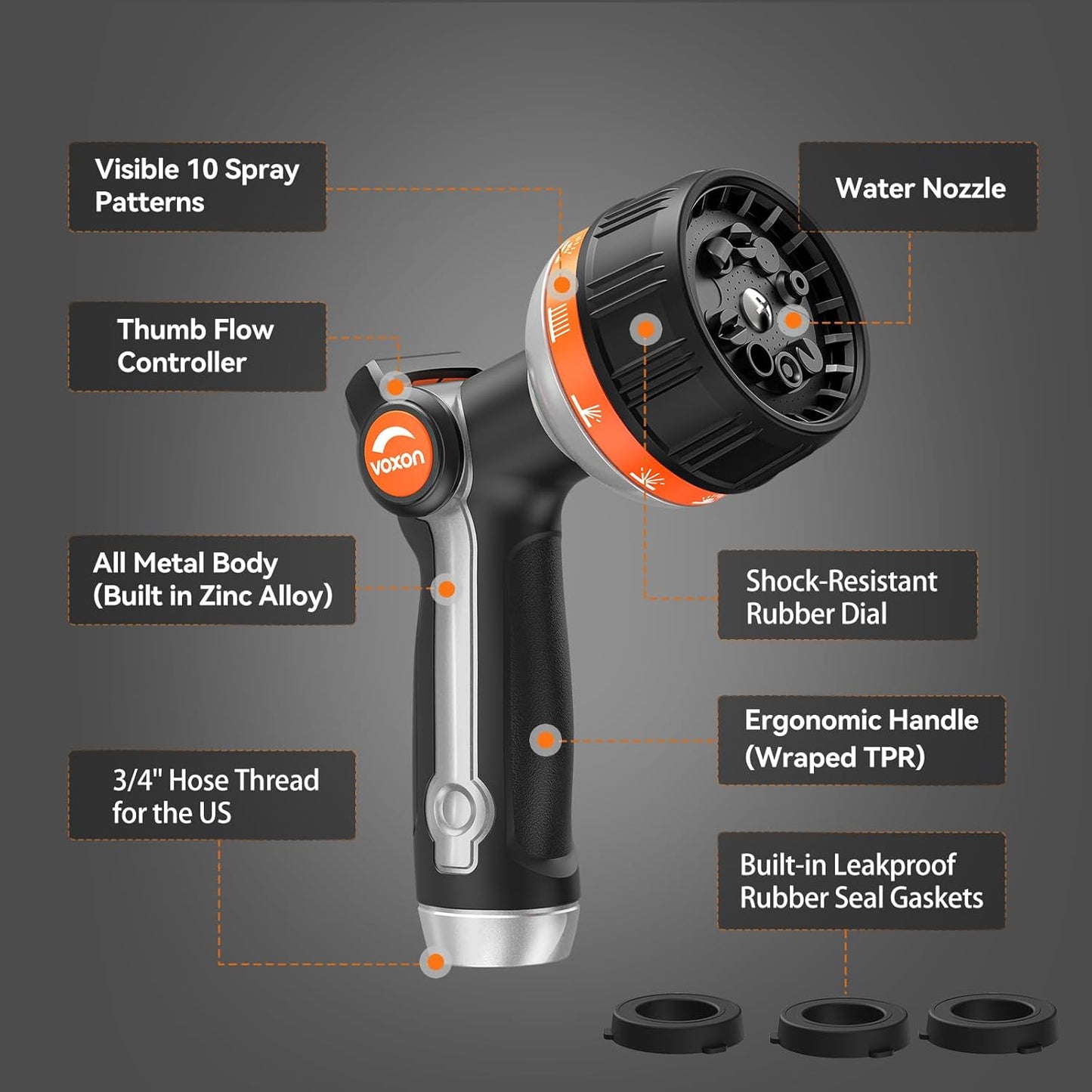 VOXON Hose Nozzle Heavy Duty 10 Spray Patterns - Metal Garden Water Hose Sprayer with Thumb Flow Control | On Off Valve, Nozzle Sprayer for Lawn & Plant Watering, Car & Pet Washing