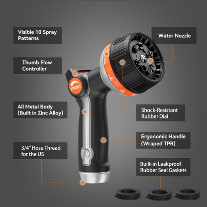 VOXON Hose Nozzle Heavy Duty 10 Spray Patterns - Metal Garden Water Hose Sprayer with Thumb Flow Control | On Off Valve, Nozzle Sprayer for Lawn & Plant Watering, Car & Pet Washing