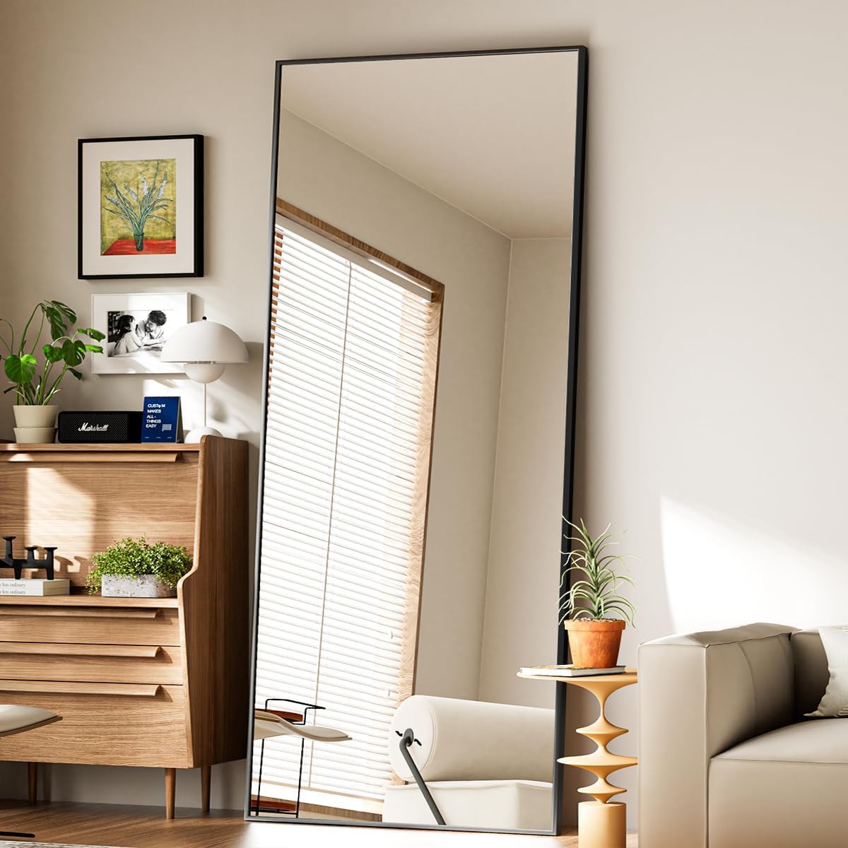 VooBang Mirror Full Length - 21" x 57" Floor Mirror with Stand, Aluminum Alloy Frame Full Body Mirror, Standing Hanging or Leaning Against Wall for Bedroom and Living Room, Black