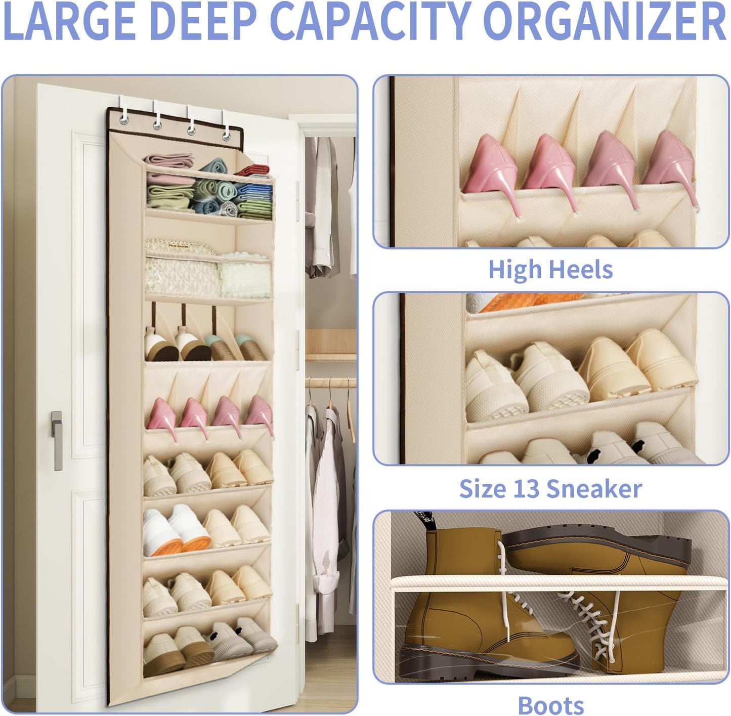 FENTEC 1 Pack Over-the-Door-Shoe-Organizers,Hanging Organizers with Large Pocket Shoe Holder Hanging Shoe Rack for Closet Shoe Organizer for Wall, Over Door Organizer with 15 Pockets Gray