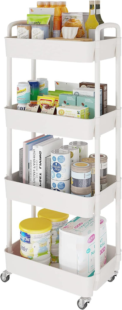 Laiensia 3-Tier Rolling Cart with Wheels,Multifunction Utility Storage Carts, Kitchen Storage Organizer,Mobile Shelving Unit for Bathroom,Laundry,with Classified Stickers,White