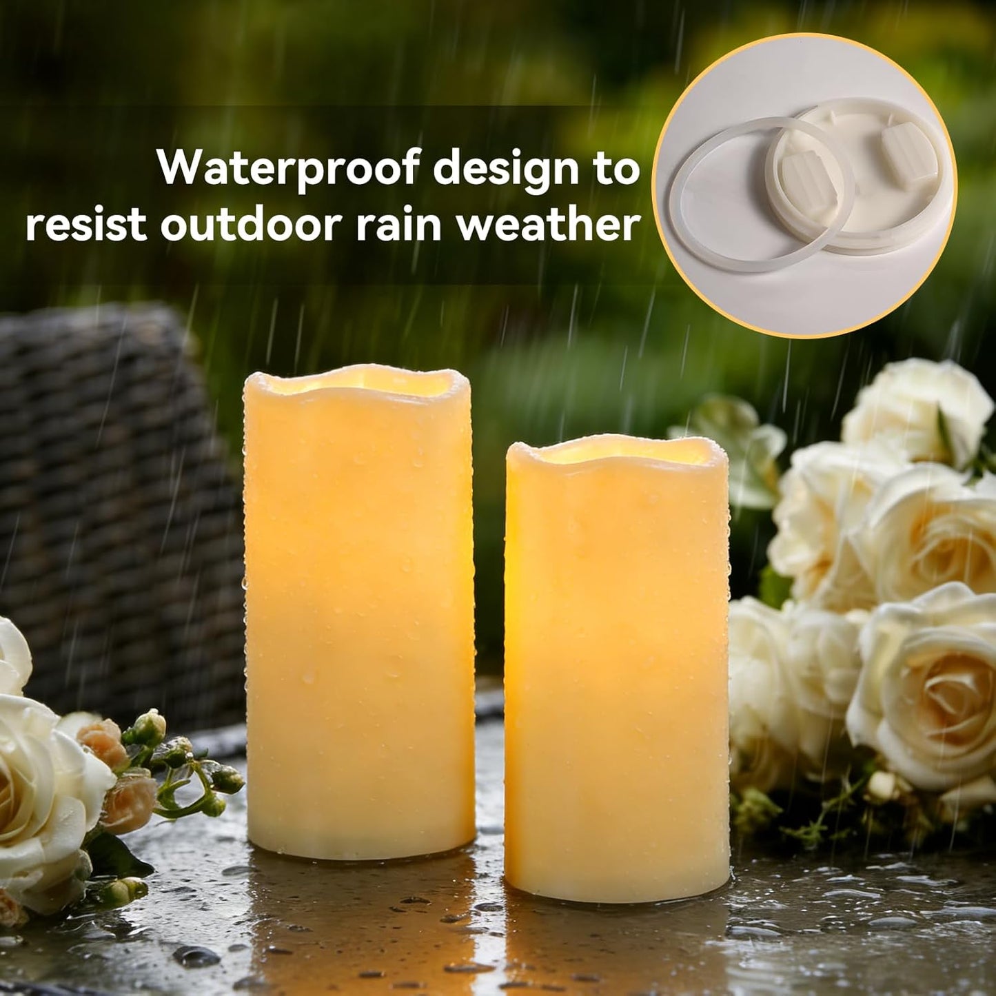 Raycare Outdoor Waterproof Flameless Candles, Battery Operated LED Electric Candles with Remote and Timers, Fake Pillar Candle for Patio, Porch, and Wedding Decor, Ivory, Set of 3(3"x4" 5" 6")