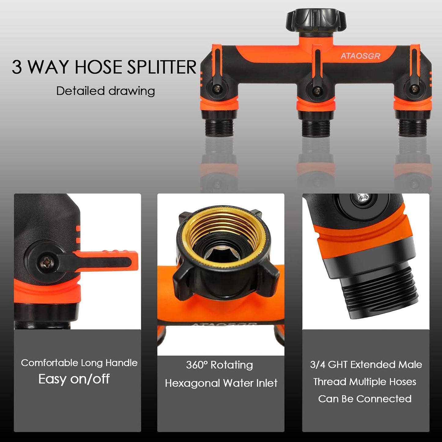 ATAOSGRGarden Hose Splitter 3 Way, 3/4" Outdoor Faucet Splitter, Tap Connector with On/Off Valves and Extended Handle, Tap Adapter Garden Hose Connector for Garden Outdoor Home - Greens
