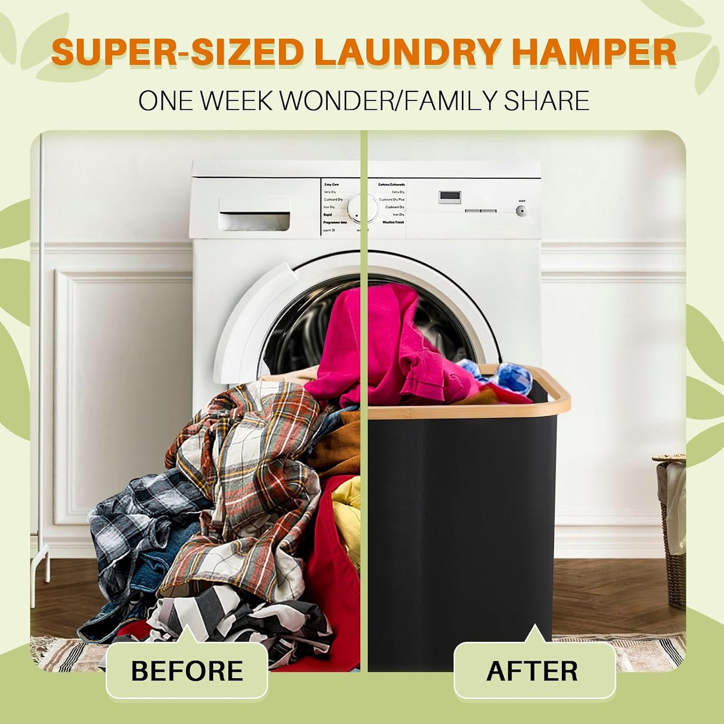 160L Laundry Hamper with Lid, 3 Section Laundry Basket with 3 Removable Bag | Clothes Hampers for Laundry with Bamboo Frame Handle, Large Dirty Clothes Hamper for Laundry Room, Bathroom, Bedroom, Black