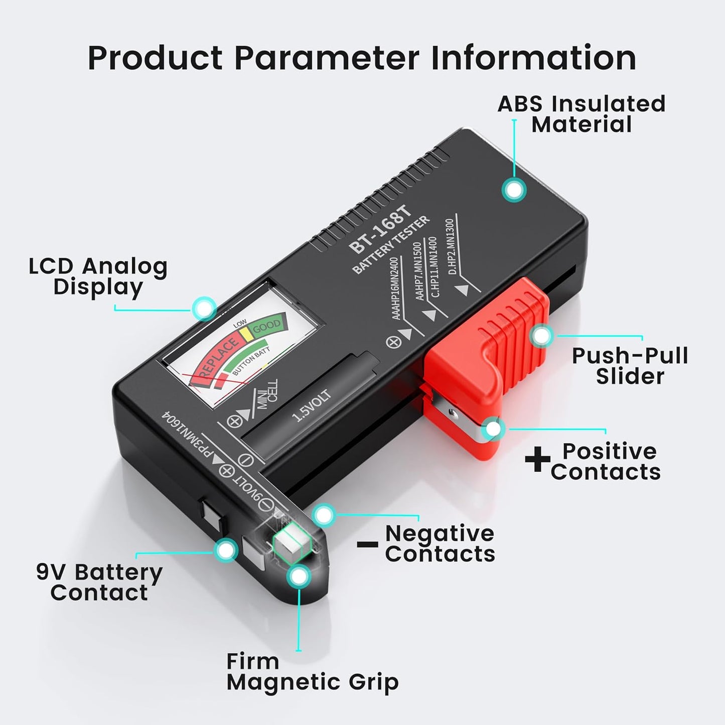 Dlypow Magnetic Battery Tester for AAA AA C D 9V, Buttons, Batteries Checker