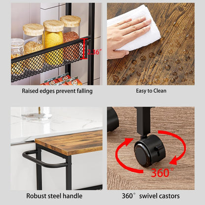 AZERPIAN Slim Rolling Cart 4 Tier Narrow Storage Cart on Wheels with MDF Board Top and Metal Handle for Small Space Kitchen Living Room Home Office Pantry Bathroom Laundry Room(16.54×5.12×30.31 inch)
