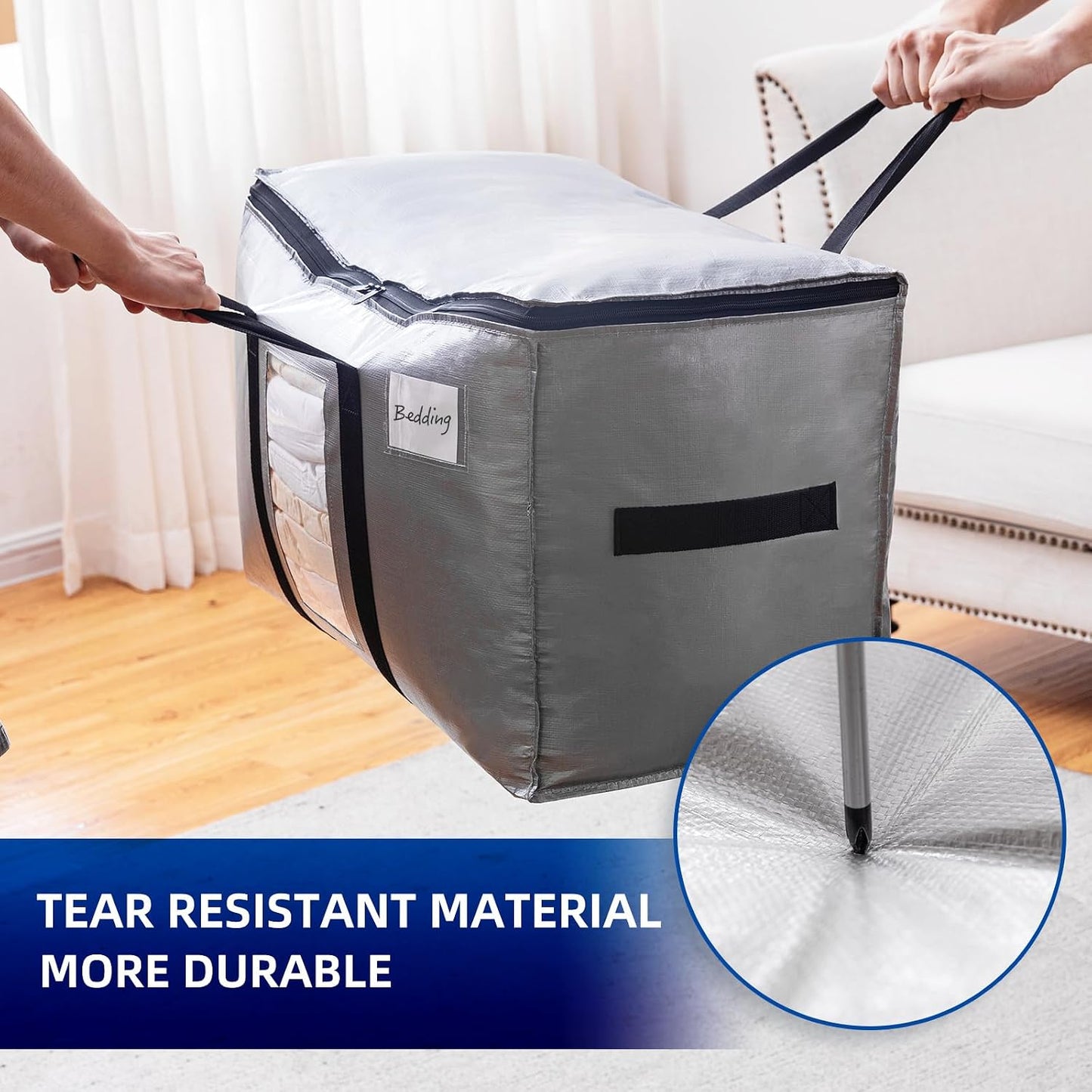 TAILI Extra Large Moving Bags, 4 Pack Blue Heavy Duty Totes For Storage with Visible Window, Wrap Around Handles, Storage Bags for Space Saving, Alternative to Moving Boxes
