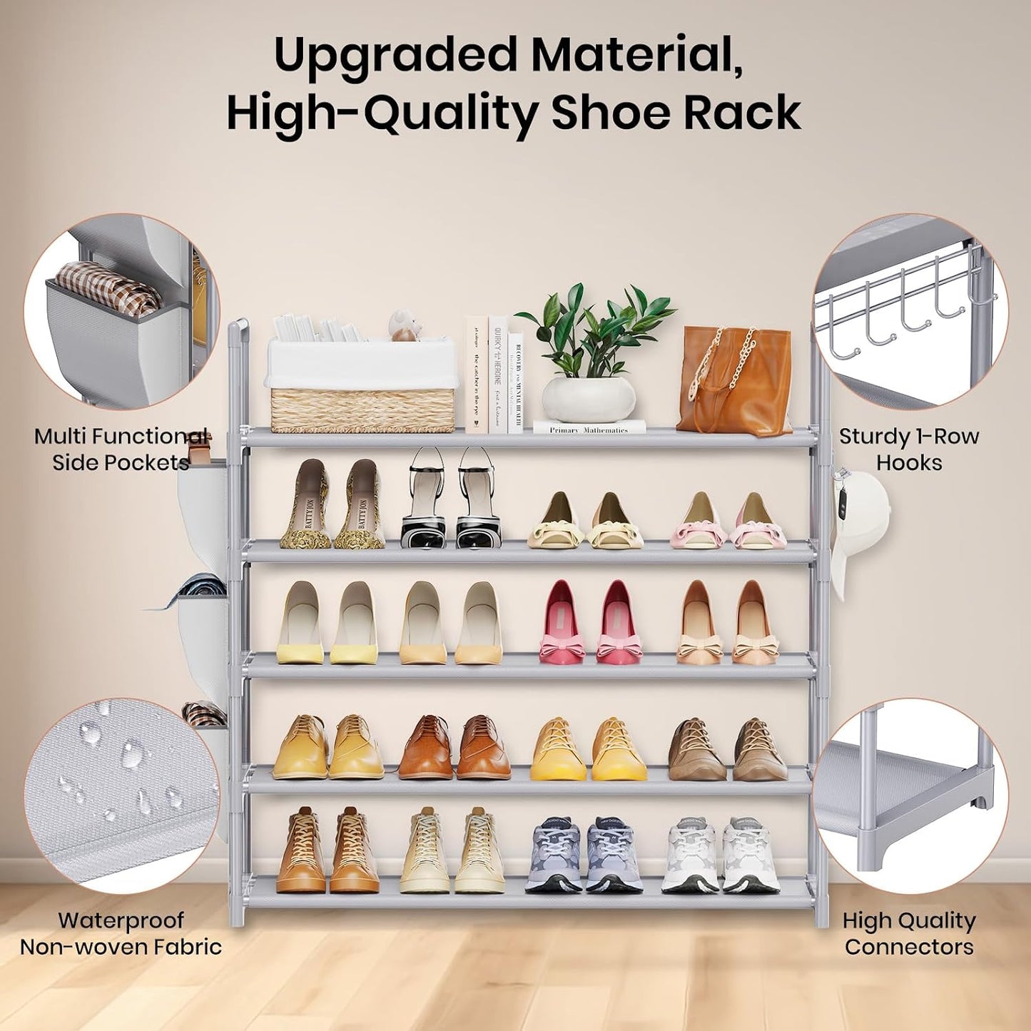VILICK 5 Tier Shoe Rack with Hook and Side Pocket,Shoe Organizer Space Saver Storage for 20-25 Pair Shoe Storage Shelf Sturdy Free Standing Long Shoe Rack Organizer for Closet,Entryway,Small Spaces