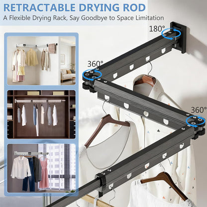 Clothes Drying Rack Wall Mounted with Suction Cup, Drying Racks for Laundry | 3-Fold Laundry Hanger Dryer Rack Space Saver, Retractable Laundry Rack for Mudroom, Wardrobe, Bathroom & Balcony