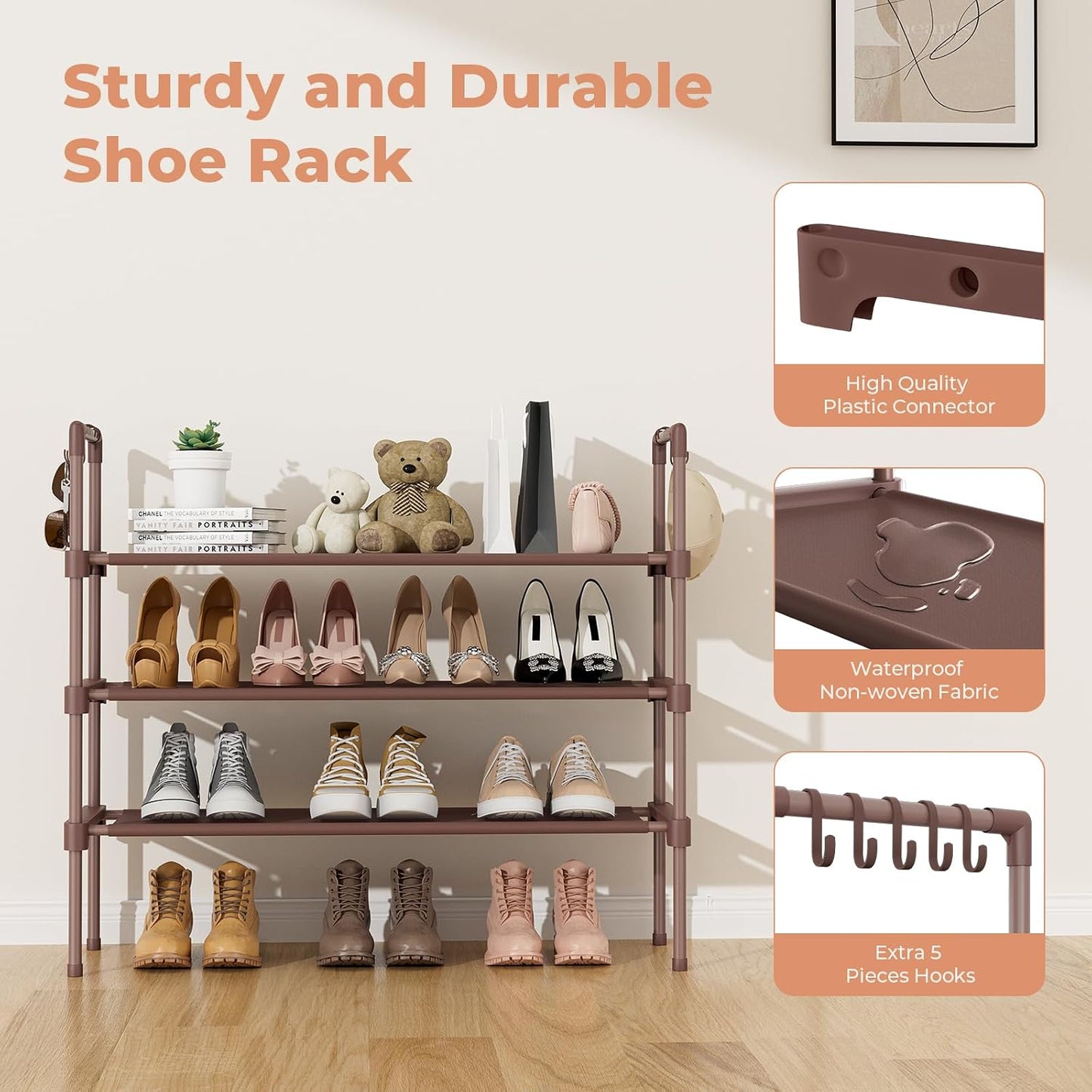 LANTEFUL 3 Tier Shoe Rack for Closet, Shoe Organizer with 5 Hooks, Long Shoe Shelf Storage for Sneaker and Boot Stackable Free Standing Shoe Rack for Entryway, Garage, Small Spaces, Dorm