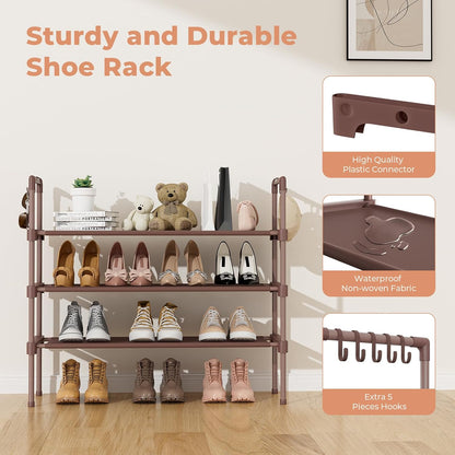 LANTEFUL 3 Tier Shoe Rack for Closet, Shoe Organizer with 5 Hooks, Long Shoe Shelf Storage for Sneaker and Boot Stackable Free Standing Shoe Rack for Entryway, Garage, Small Spaces, Dorm