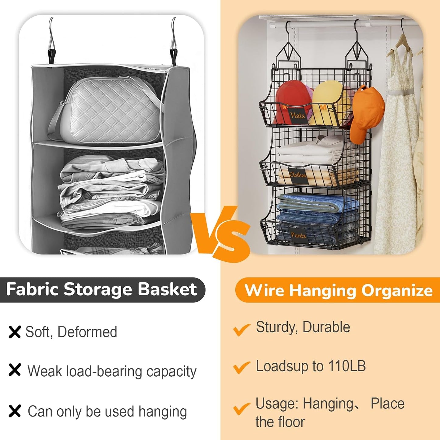 Hanging Closet Organizers and Storage, 3 Tier Closet Shelf Clothes Organizer with 2 S-Hooks, Multi-Functional Iron Wire Baskets, for Clothing, Sweaters, Handbags, Hat, Canned