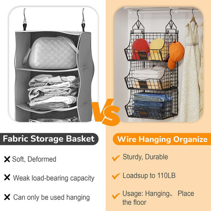 Hanging Closet Organizers and Storage, 3 Tier Closet Shelf Clothes Organizer with 2 S-Hooks, Multi-Functional Iron Wire Baskets, for Clothing, Sweaters, Handbags, Hat, Canned