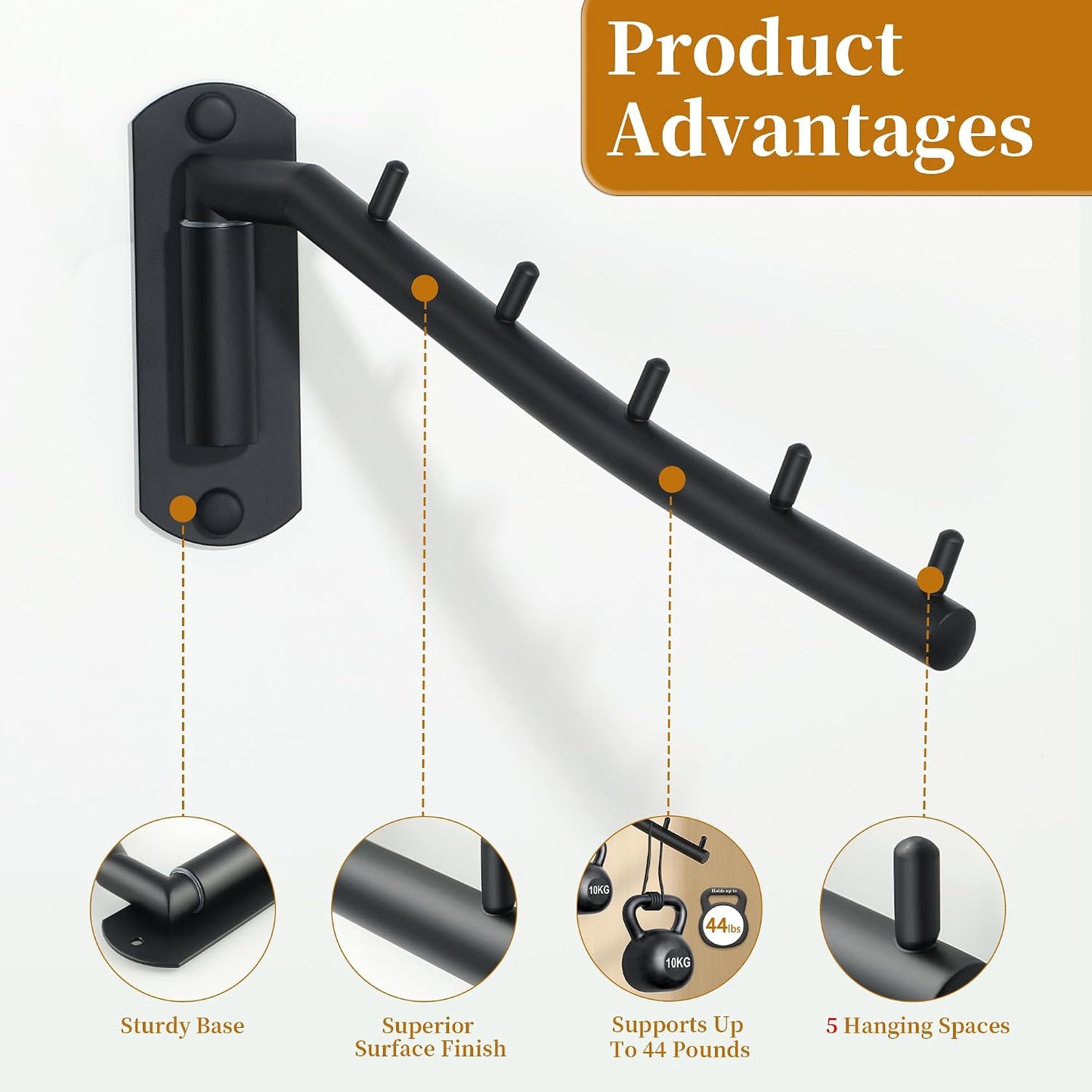 Alise Swing Clothes Hanger Rack,Black Garment Racks Wall Mounted(2P) | Clothes Bar-Hanger Hooks Heavy Duty Swivel Drying Rack Clothing Hanging System Closet Storage Organizer