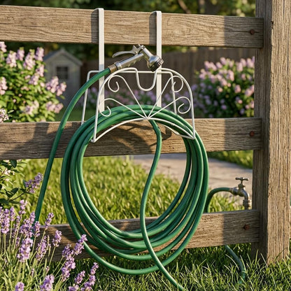 Garden Hose Holder, Sturdy Hose Storage Organizer Reel Rack for Outside Garden Lawn Yard Farm -Wall Mount Or Hanger (White)