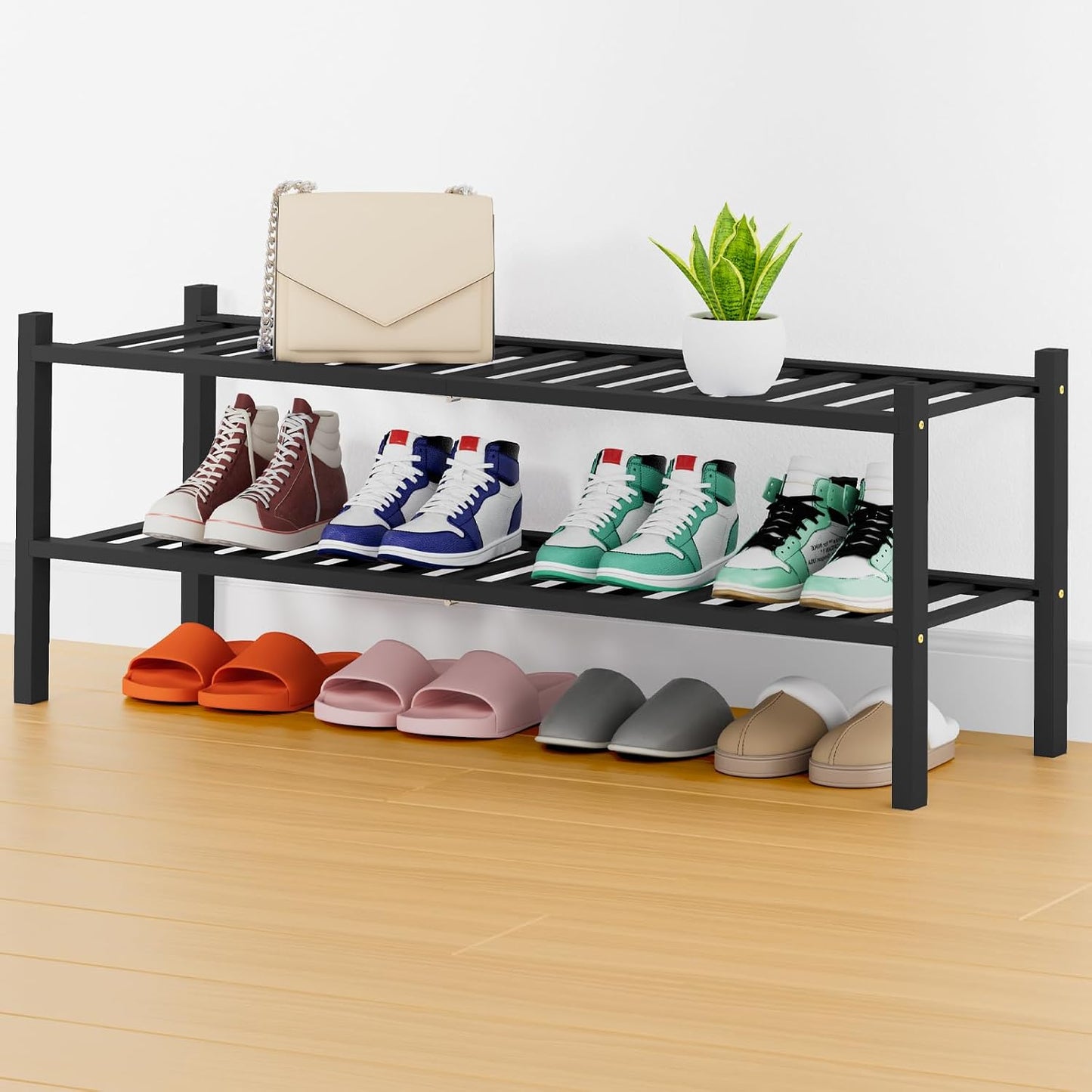 Smiry Bamboo Shoe Rack, 3 Tier Free Standing Wooden Shoe Organizer, Stackable Wood Shoe Storage Shelf for Closet, Entryway, 12 Vertical Slats, 2+1 Stack Standard Legs, 26.8"x11"x19.5", Natural