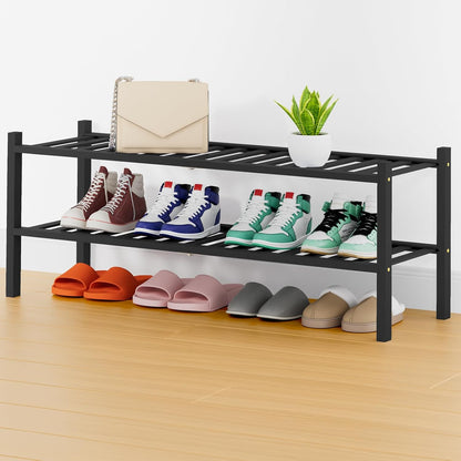 Smiry Bamboo Shoe Rack, 3 Tier Free Standing Wooden Shoe Organizer, Stackable Wood Shoe Storage Shelf for Closet, Entryway, 12 Vertical Slats, 2+1 Stack Standard Legs, 26.8"x11"x19.5", Natural