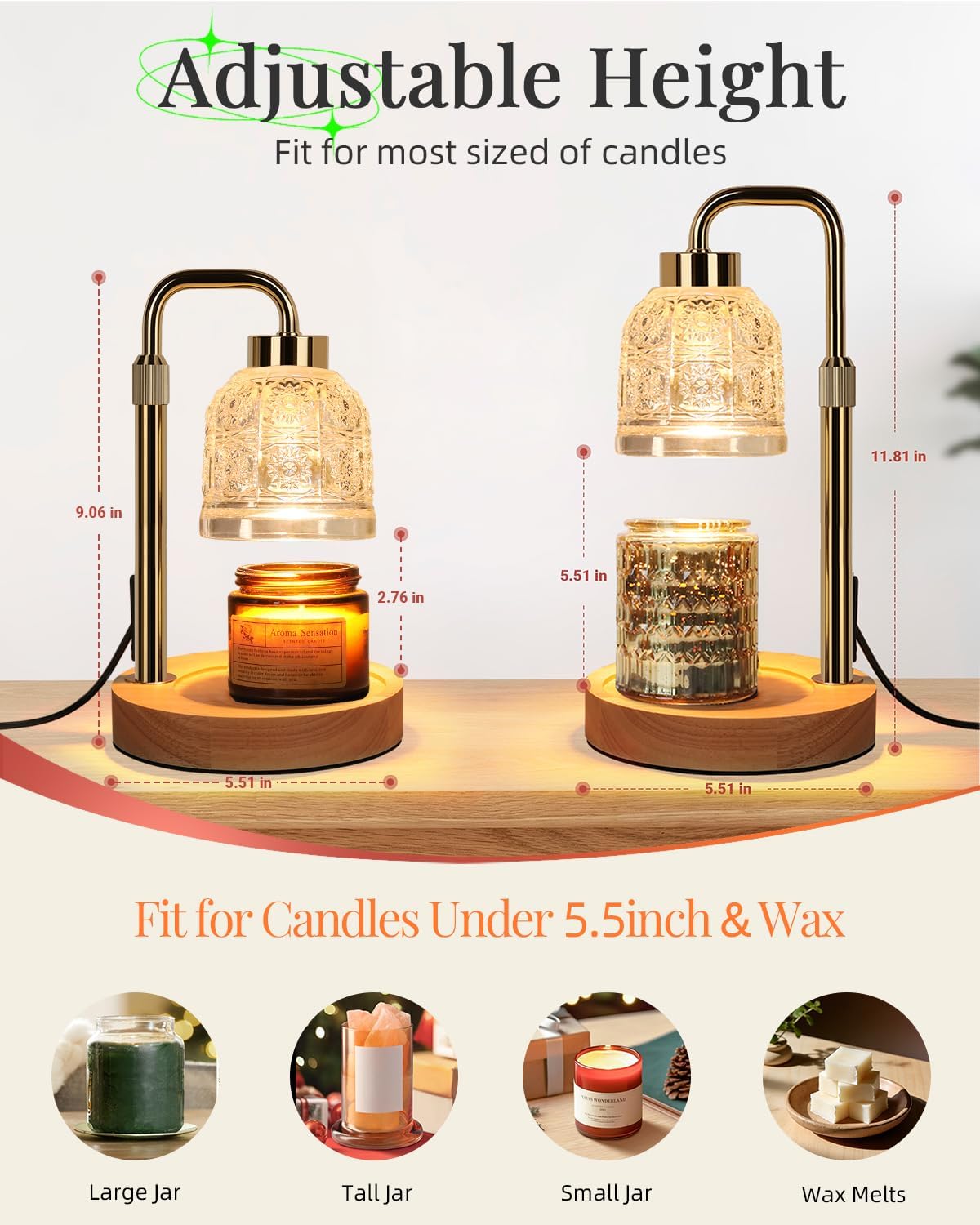 AIFEI Candle Warmer Lamp with Timer, Dimmable Adjustable Height Candle Lamp, Birthday Gifts for Women Mom Sister Friends, House Warming Gifts New Home, Candle Lamp Warmer with 2 Bulbs - CoalBlack