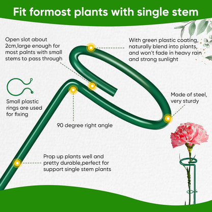 HiGift 17 inch Plant Support Stakes, 4mm Thick Garden Single Stem Flower Support Stake Amaryllis Plant Cage Support Rings with 10 pcs Plant Clips for Tomato Orchid Lily Peony Rose Flower Stem-5 Pack