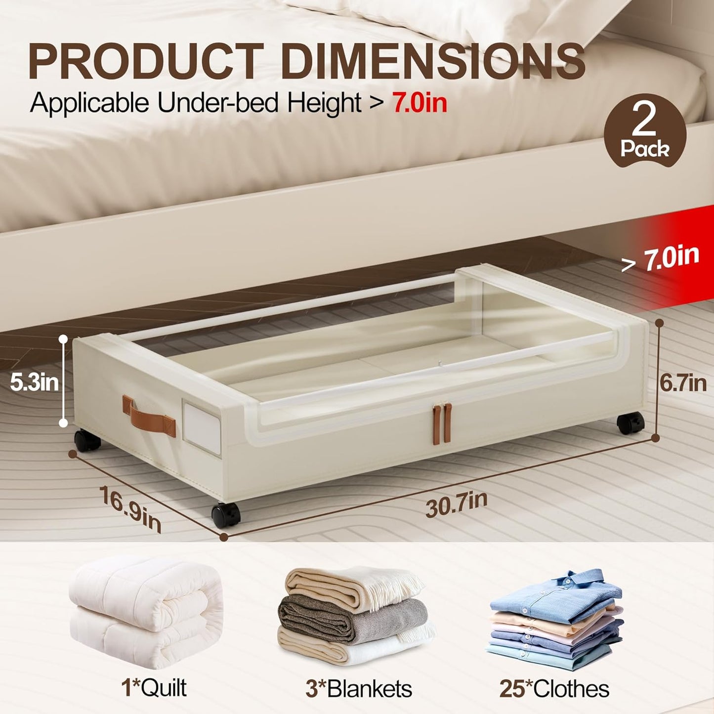 LAMU Under Bed Storage with Wheels, 2 Pack Under Bed Storage Containers with Clear Lid, XXL 60 L Underbed Storage Bins, Rolling Under Bed Metal Drawers for Clothes, Blankets, Shoes, Black