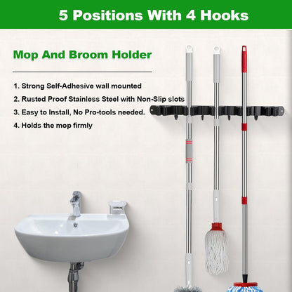 voze 5 Racks and 4 Hooks Mop and Broom Holder Wall Mount, Self Adhesive Heavy Duty Broom Hanger Organizer Storage Tool Racks for Kitchen Garden Laundry Garage