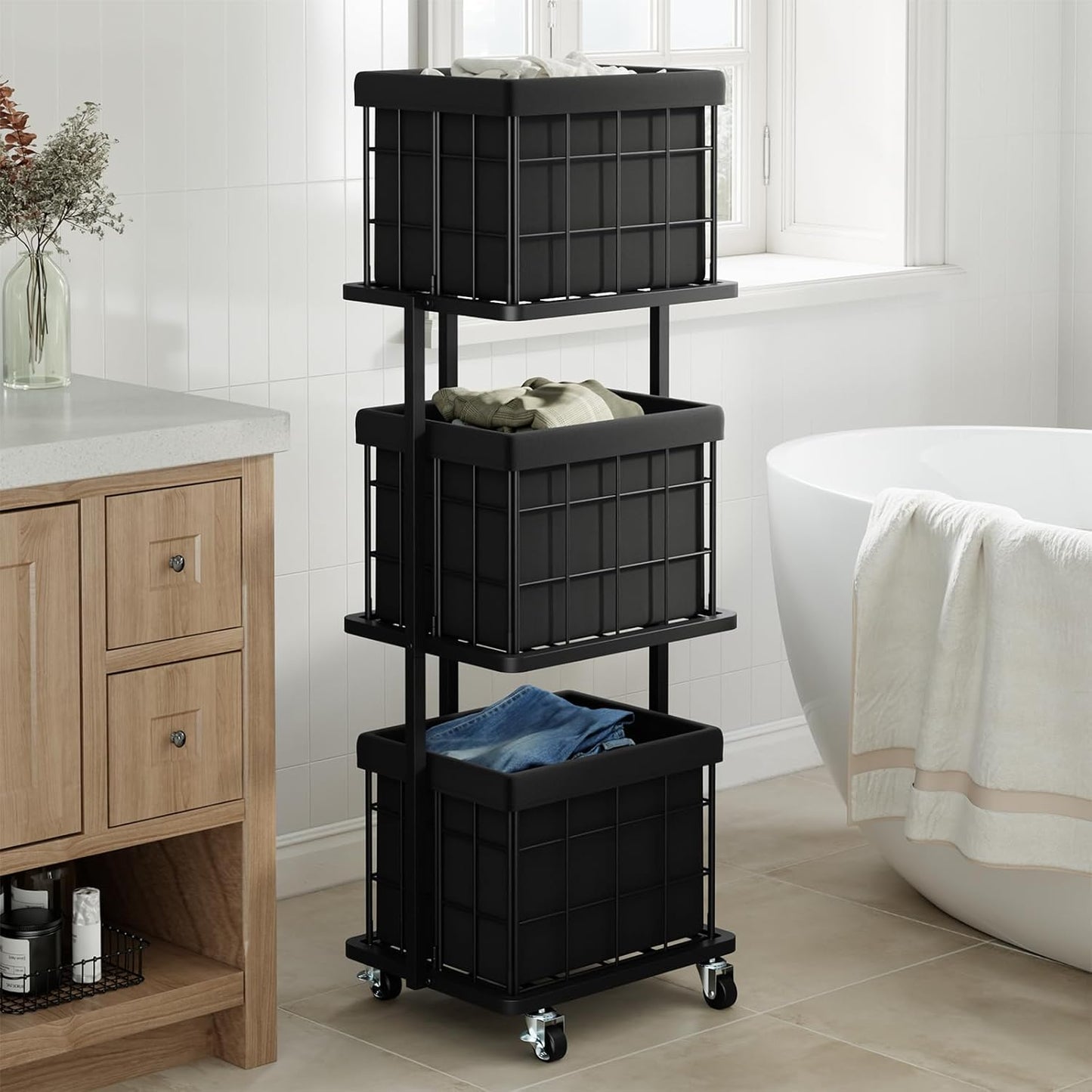 120L Vertical Rolling Laundry Hamper with Removable Bags, 3 Section Laundry Basket with Wheels, Slim Tall 3 Tier Laundry Sorter for Small Spaces, Dorm, Laundry Room, Bathroom, Closet, White