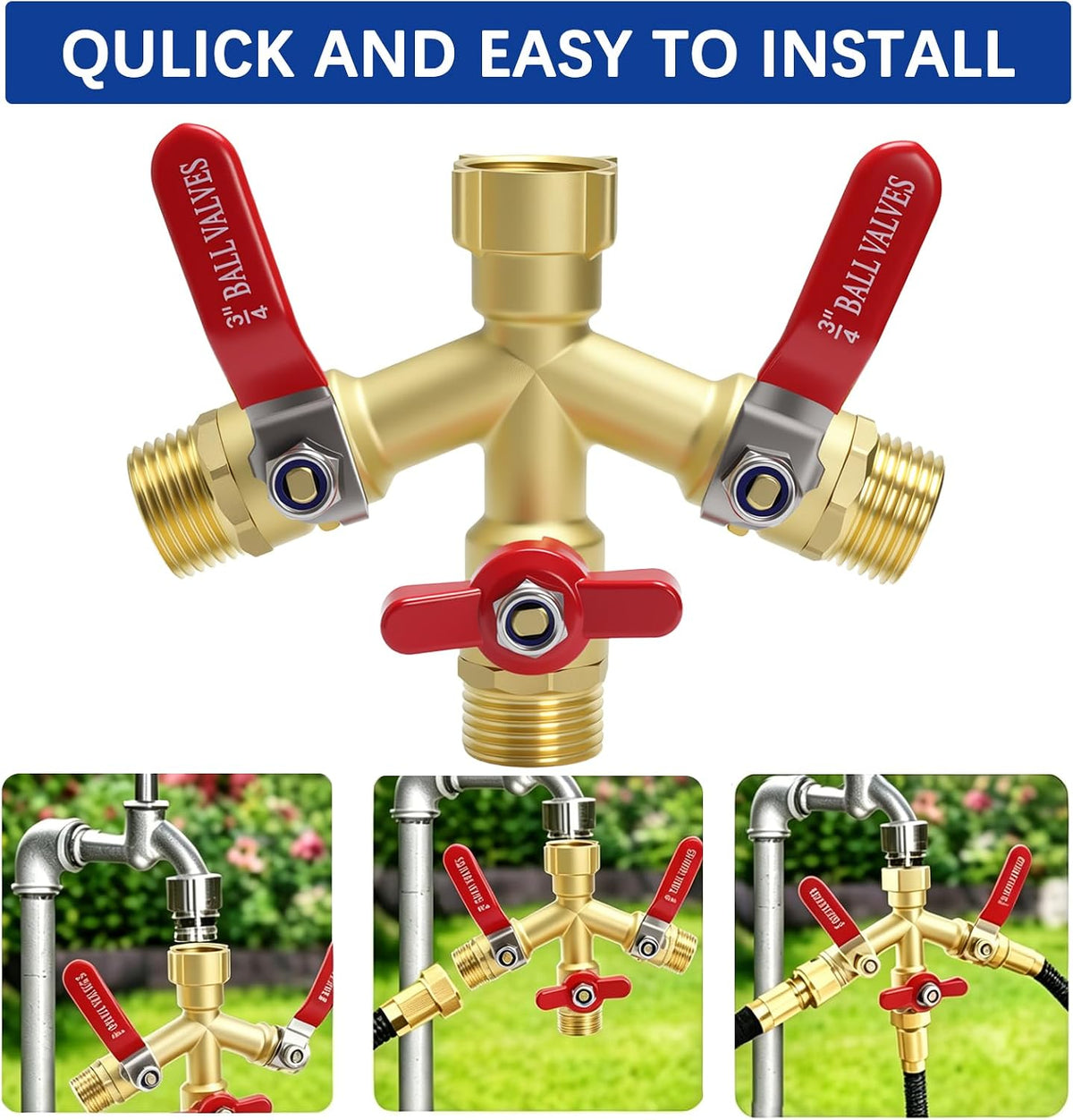 Hose Splitter 2 Way Heavy Duty, Full Flow Garden Hose Splitter with Large Easy-Turn Handle, 3/4 Inch GHT Brass Water Hose Splitter for Outdoor Faucet, Y Valve Hose Bib Splitter
