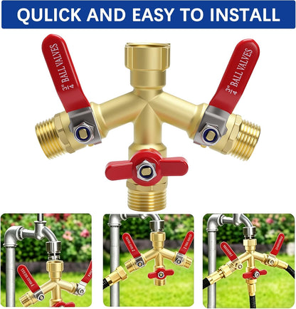 Hose Splitter 2 Way Heavy Duty, Full Flow Garden Hose Splitter with Large Easy-Turn Handle, 3/4 Inch GHT Brass Water Hose Splitter for Outdoor Faucet, Y Valve Hose Bib Splitter