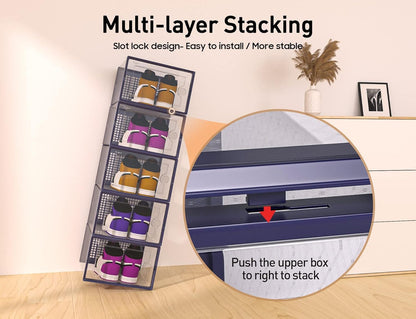 Kuject X-Large Shoe Storage Boxes Organizers for Closet 12 Pack, Fit Size 11,Clear Plastic Stackable Sneaker Containers for Entryway, Space Saving Shoe Rack, Brown