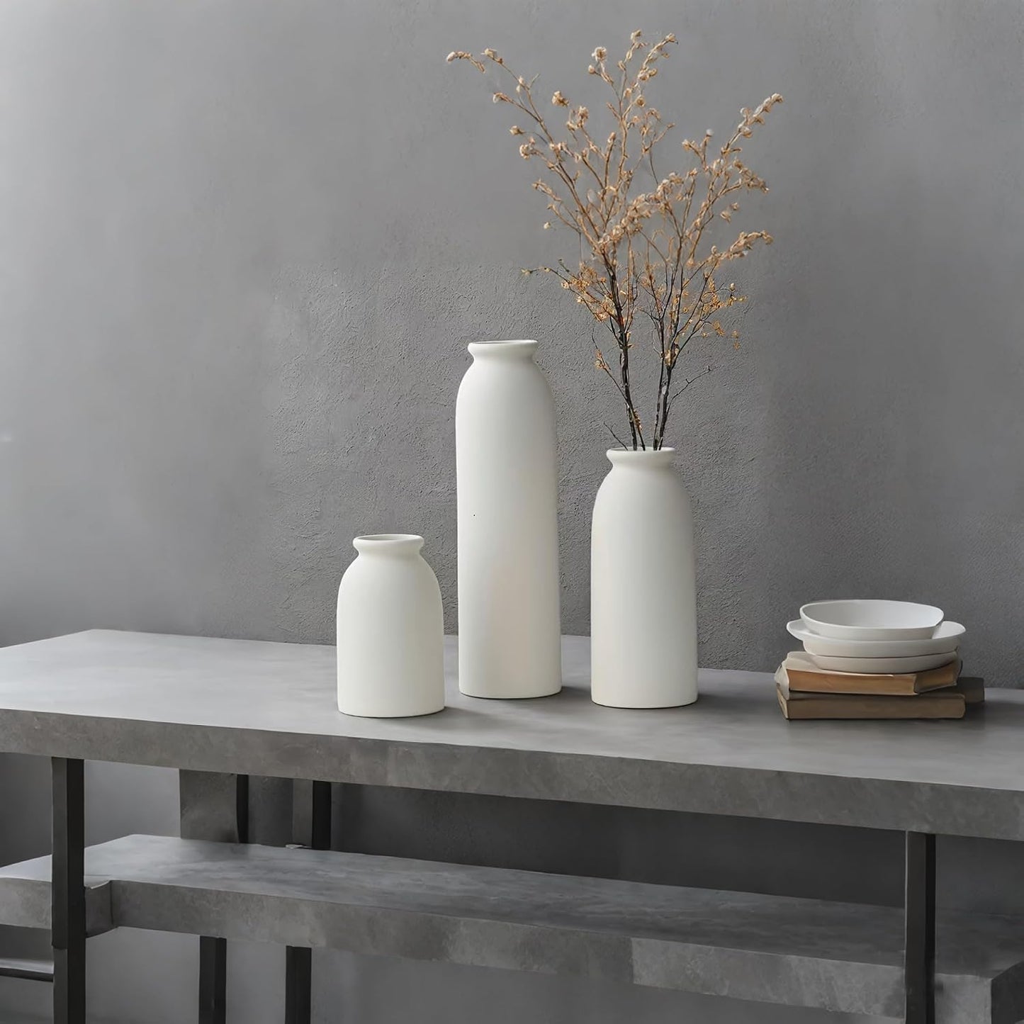 Ceramic Vase Set-3, Small Flower Vases for Decor, Modern Boho Farmhouse Style, Decorative Vases for Pampas Grass & Dried Flowers, Distressed Finish (Beige)