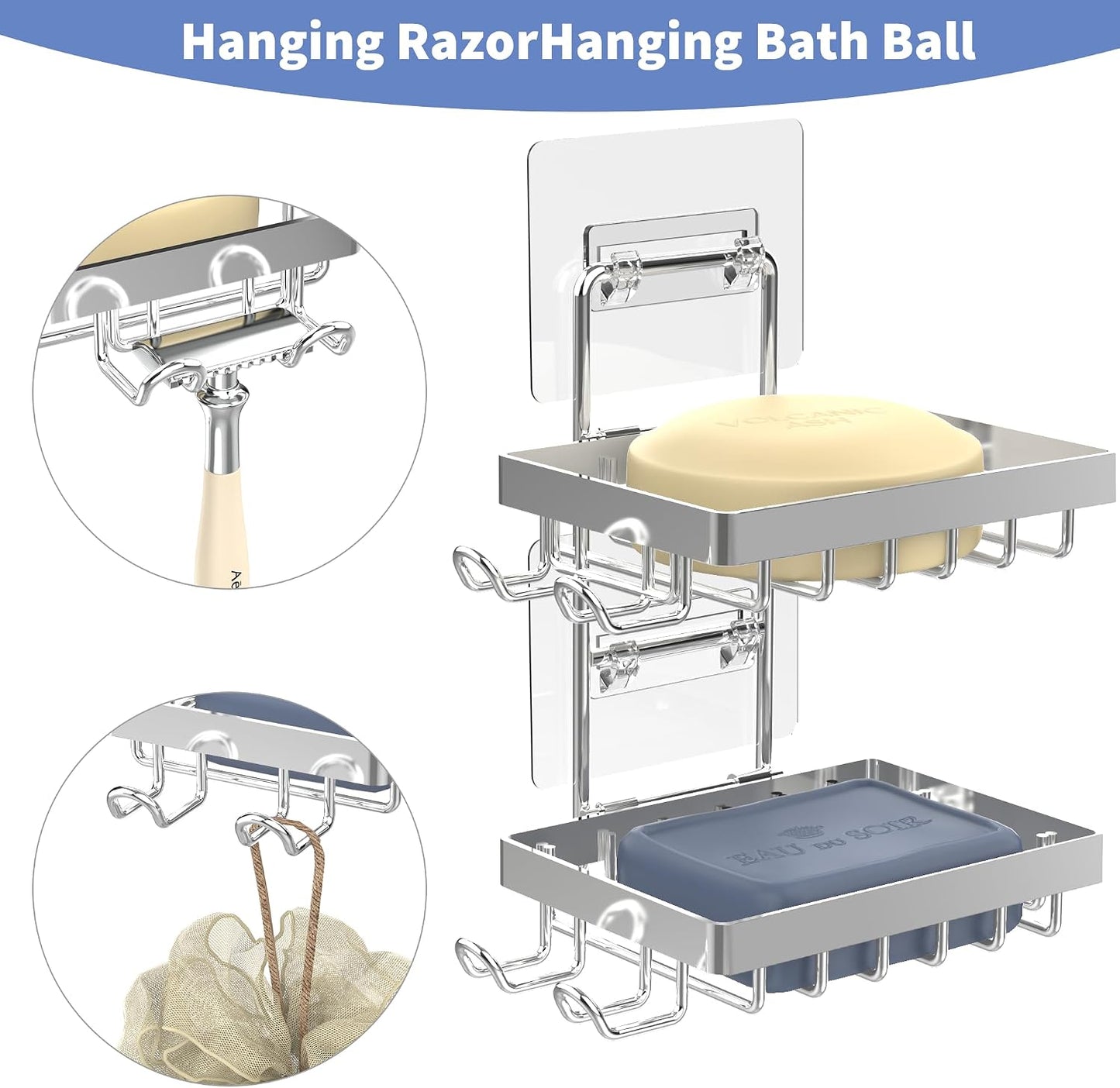 Moforoco Double Soap Bar Holder for Shower, No Drilling, 304 Stainless Steel, Wall Mounted Soap Holder with 4 Hooks and Razor Holder, Shower Rack Soap Tray Bar Soap for Bathroom Accessories Organizer