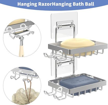 Moforoco Double Soap Bar Holder for Shower, No Drilling, 304 Stainless Steel, Wall Mounted Soap Holder with 4 Hooks and Razor Holder, Shower Rack Soap Tray Bar Soap for Bathroom Accessories Organizer
