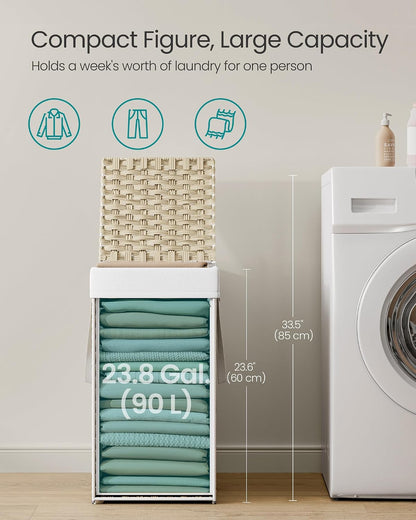 SONGMICS Laundry Hamper with Lid, 23.8 Gallon (90 L) Synthetic Rattan Clothes Laundry Basket with Lid and Handles, Foldable, Removable Liner, Chestnut Brown ULCB051K02