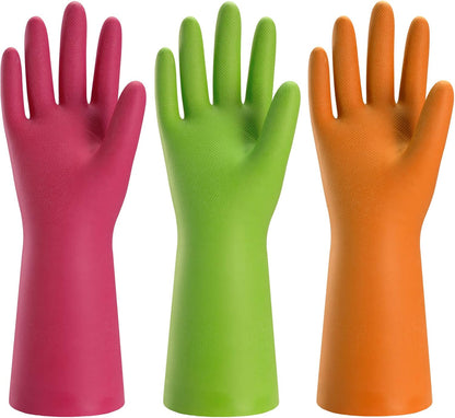 Bamllum 3 Pairs Rubber Cleaning Gloves for Household - Reusable Dishwashing Gloves for Kitchen, Flexible Long-lasting & Waterproof (Medium, Green+Red+Orange)