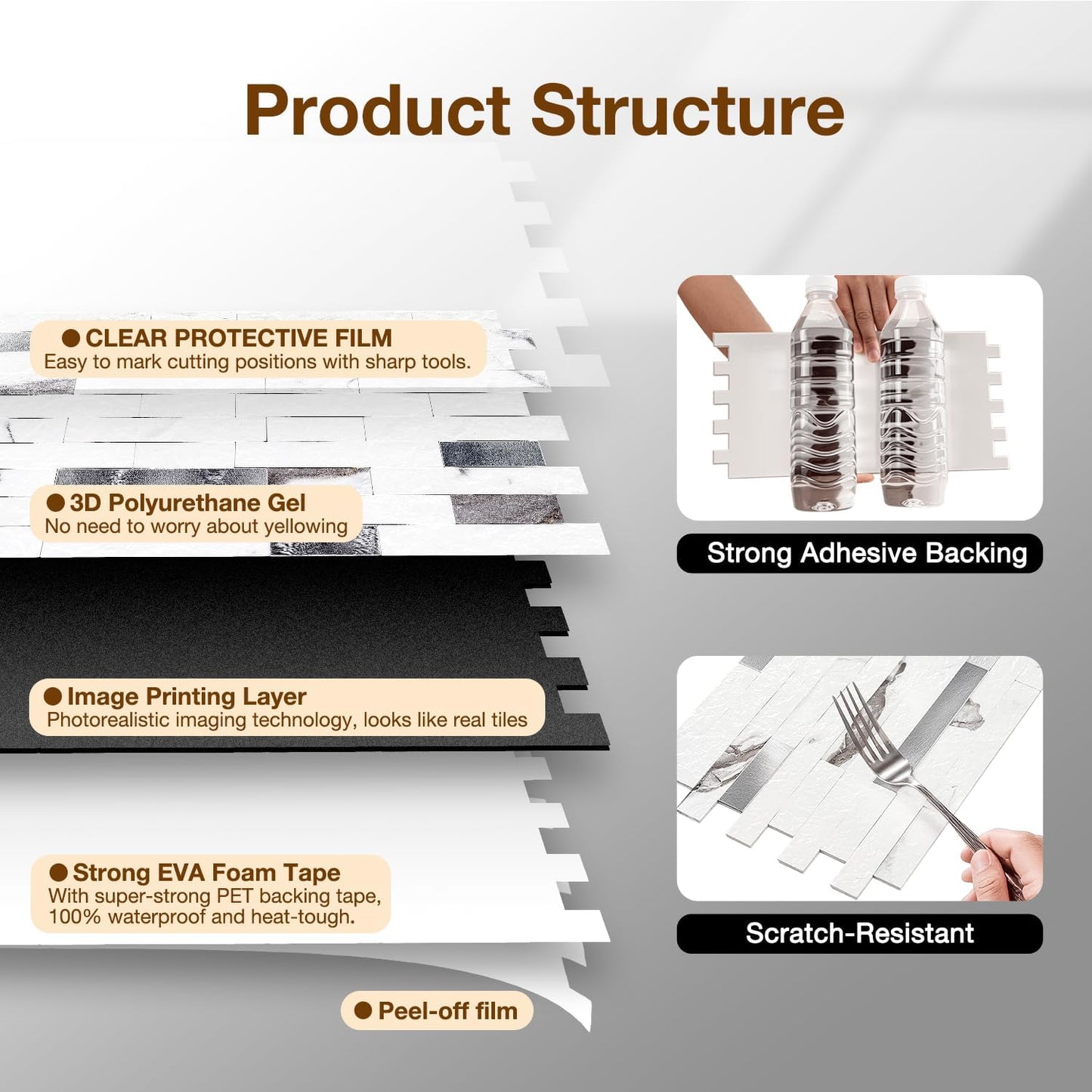 Peel and Stick Backsplash Tile Waterproof Removable PVC Wall Sticker 3D Faux Stone Marble Brick White Accent Panels (White Marble - Metal Silver, 20 Tiles - 9 sq. ft. (0.84 M²))