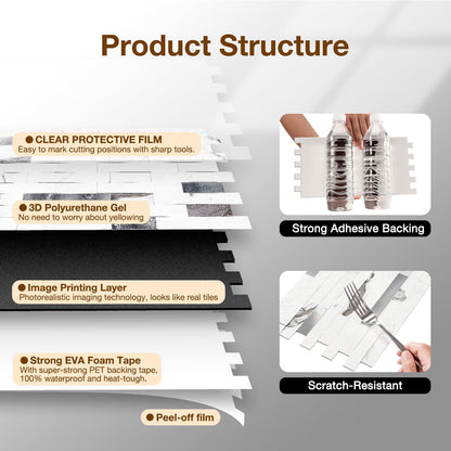 Peel and Stick Backsplash Tile Waterproof Removable PVC Wall Sticker 3D Faux Stone Marble Brick White Accent Panels (White Marble - Metal Silver, 20 Tiles - 9 sq. ft. (0.84 M²))