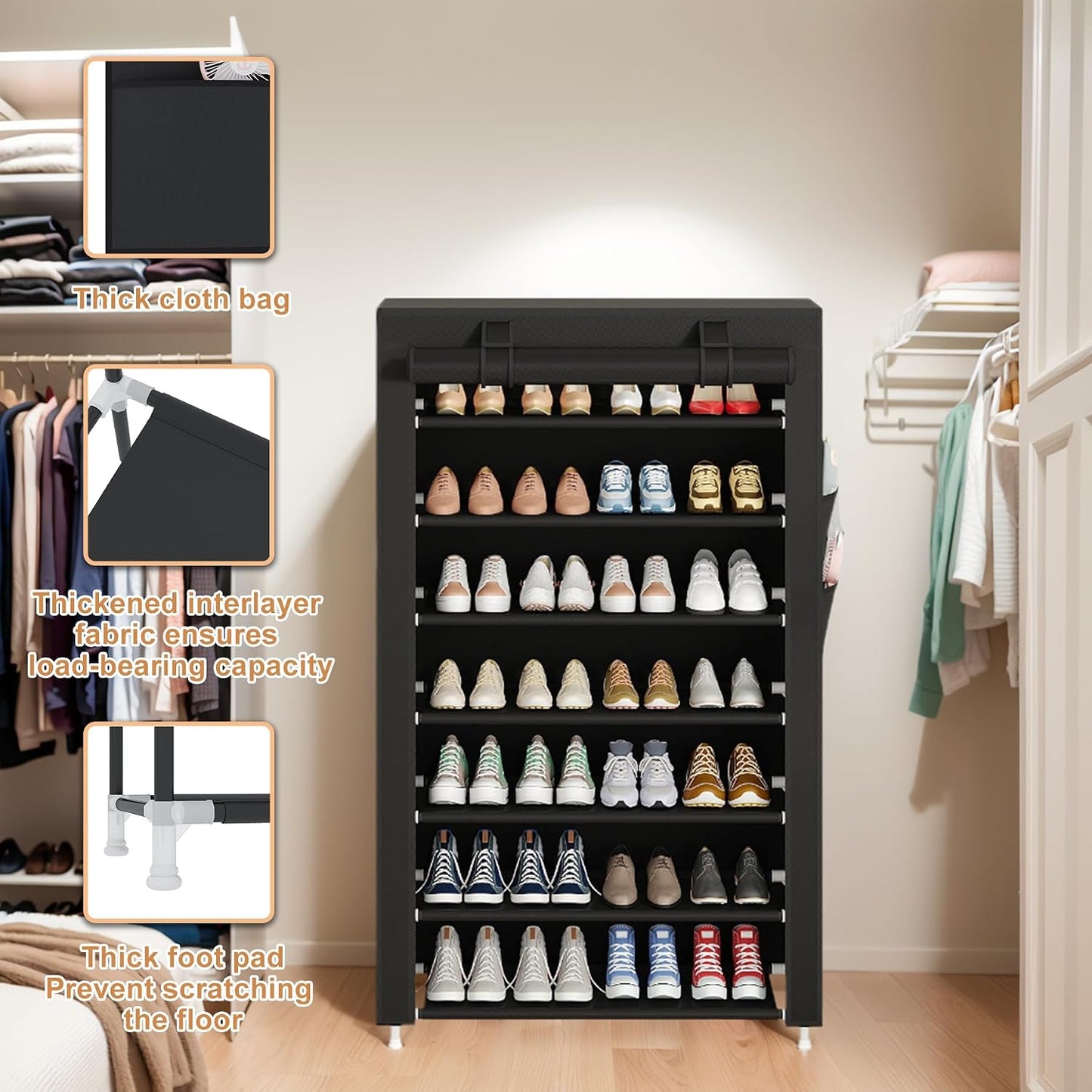 Laiensia 9-Tier Vertical Shoe Rack Organizer, Space Saving Shoe Storage Organizer, Non-Woven Cover Shoe Shelf Holds 36-45 Pairs for Bedroom, Hallway, Closet Entryway, Black
