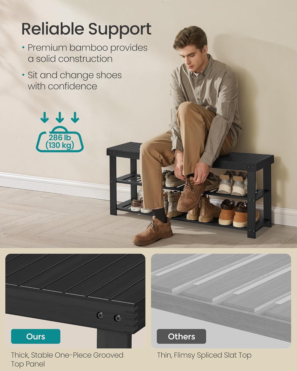 SONGMICS Shoe Rack Bench, 3-Tier Bamboo Shoe Storage Organizer, Entryway Bench, Holds Up to 286 lb, 11.3 x 27.6 x 17.8 Inches, for Entryway Bathroom Bedroom, Ink Black ULBS04H