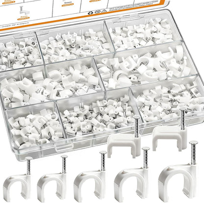 mankk 630PCS Steel Nail Cable Clips 4/5/6/8/10mm Round & 5/6mm Square | cable tacks for CAT6 RJ45 RG6 RG59 ethernet coax cords, white wall mounting clips
