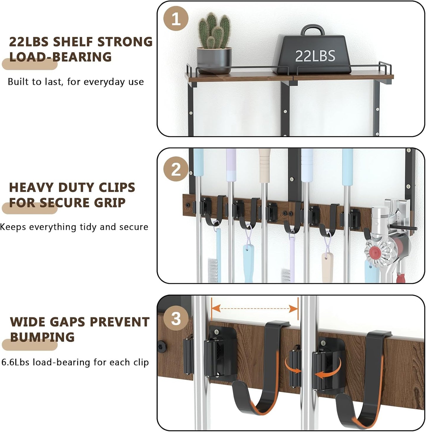 Mop Holder Wall Mount with Cleaning Supplies Organizer, Wood Mop and Broom Hanger Rack Organizer with Anti-Fall Wall Shelf with 5 Clips & Hooks for Garage Laundry Room Kitchen (Brown)