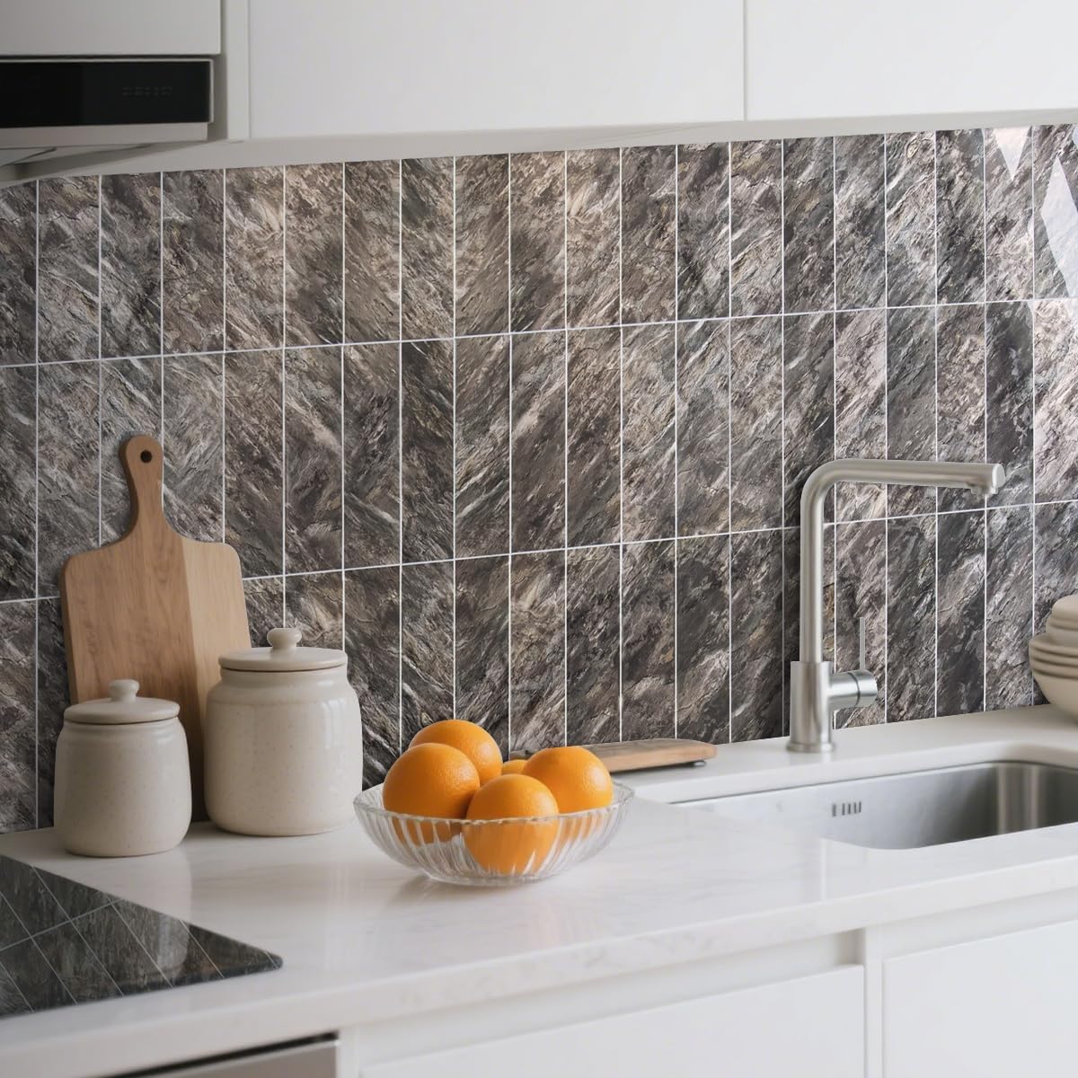 AULIGET 40-Piece Polished White Marble with Gold Peel and Stick Backsplash Wall Tiles, 3" x 12" PVC Faux Stone Stick on Tiles for Backsplash Kitchen, Bathroom, Laundry Room, Camper, Fireplace