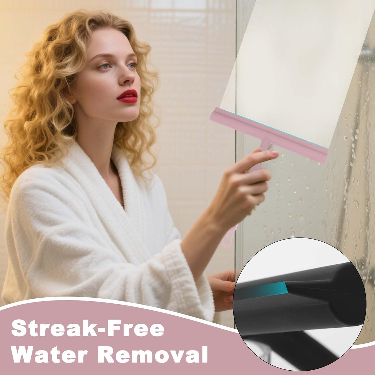 Squeegee for Shower Glass Doors, Resilient Loop - No-Drill & Adhesive Hook, Silicone Shower Squeegee with Stainless Steel Core, Cleaning Tool for Home, Kitchen, Bathroom & Car - Black