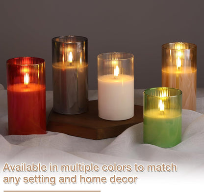 Eywamage Smoke Grey Ribbed Glass Flameless Pillar Candles with Remote, Flickering LED Wax Candles Battery Operated Set of 3