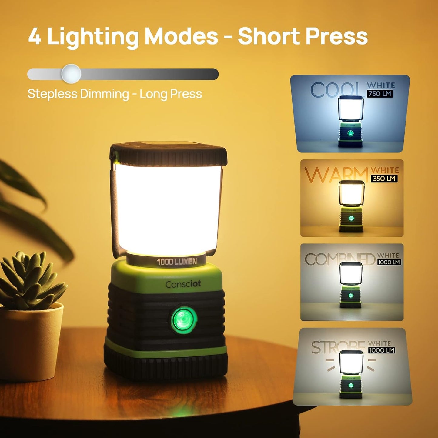 Consciot LED Battery Powered Camping Lantern, 1000LM, 4 Light Modes, IPX4 Waterproof Portable Tent Flashlight for Power Outages, Emergency, Hurricane, Hiking, Light Green, 2-Pack